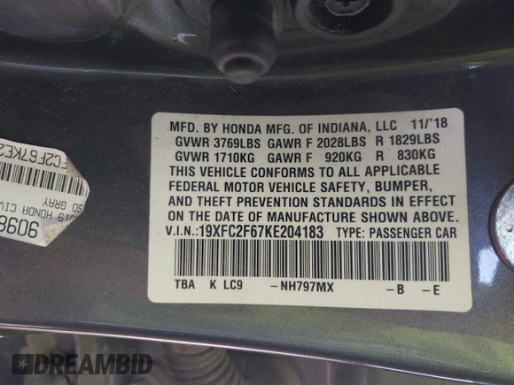2019 Honda Civic Sedan LX with VIN 19XFC2F67KE204183, listed as a IAAI auction lot 41654678 with 107,306 mi miles. Bid and sale history available at carsss.com. Image 9.