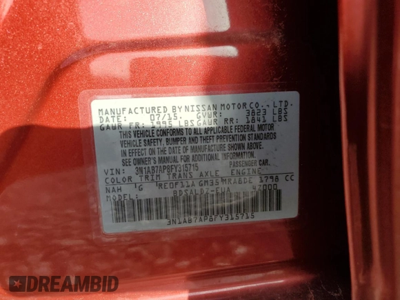 2015 Nissan Sentra SV with VIN 3N1AB7AP8FY315715, listed as a Copart auction lot 49109555 with 175,674 mi miles and Salvage Title. Bid and sale history available at carsss.com. Image 14.
