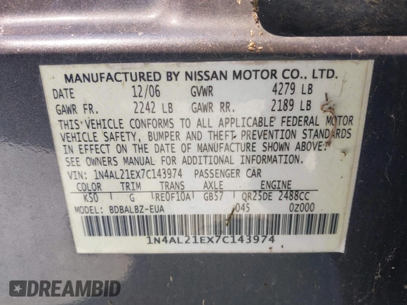2007 Nissan Altima 2.5 with VIN 1N4AL21EX7C143974, listed as a IAAI auction lot 41634317 with 155,480 mi miles. Bid and sale history available at carsss.com. Image 9.