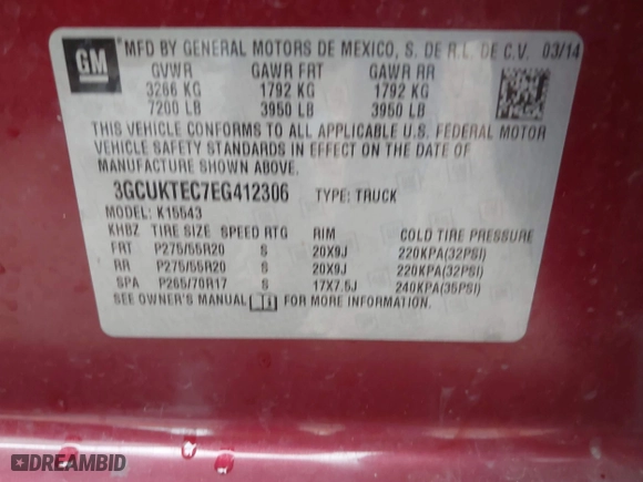2014 Chevrolet Silverado 1500 High Country with VIN 3GCUKTEC7EG412306, listed as a IAAI auction lot 41721027 with 256,888 mi miles. Bid and sale history available at carsss.com. Image 9.
