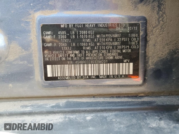 2013 Subaru Outback Premium with VIN 4S4BRCCC9D3294231, listed as a Copart auction lot 52448275 with 203,028 mi miles and Clean Title. Bid and sale history available at carsss.com. Image 13.