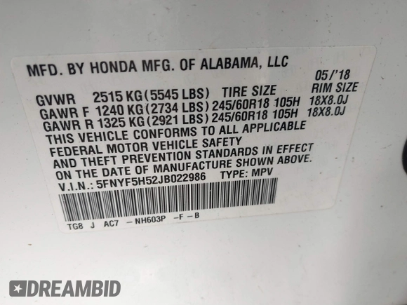 2018 Honda Pilot EX-L with VIN 5FNYF5H52JB022986, listed as a IAAI auction lot 41613038 with 1 mi miles. Bid and sale history available at carsss.com. Image 9.