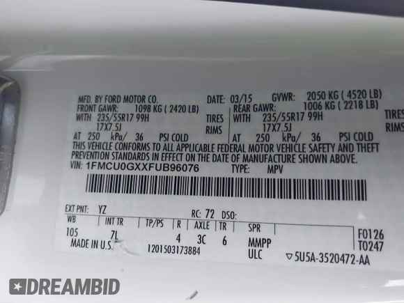 2015 Ford Escape SE with VIN 1FMCU0GXXFUB96076, listed as a IAAI auction lot 40914596 with 134,066 mi miles. Bid and sale history available at carsss.com. Image 9.