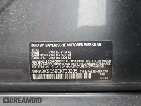 2014 BMW 3 Series 328d xDrive with VIN WBA3K5C59EKT33205, listed as a Copart auction lot 65216574 with 202,927 mi miles and Salvage title. Bid and sale history available at DreamBid. Image 12.