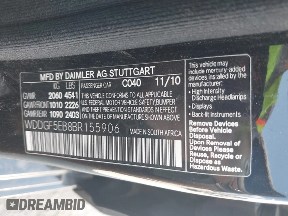 2011 Mercedes-Benz C 300 Sport с VIN WDDGF5EB8BR155906, выставлен на аукционе IAAI как лот 42522601 с пробегом 158 877 миль миль и . История ставок и продаж доступна на DreamBid. Изображение 9.