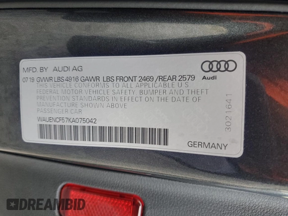2019 Audi A5 Sportback Premium Plus with VIN WAUENCF57KA075042, listed as a Copart auction lot 80469903 with 0 mi miles. Bid and sale history available at carsss.com. Image 14.