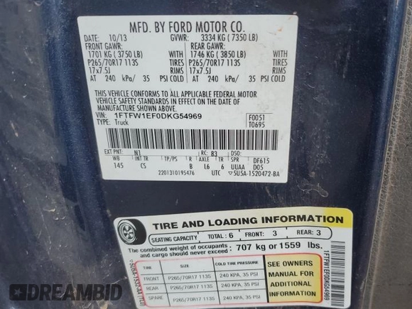 2013 Ford F-150 XL with VIN 1FTFW1EF0DKG54969, listed as a Copart auction lot 59775795 with 177,709 mi miles and Salvage title. Bid and sale history available at DreamBid. Image 12.