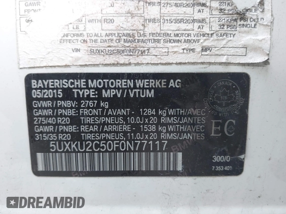 2015 BMW X6 xDrive35i with VIN 5UXKU2C50F0N77117, listed as a IAAI auction lot 41901159 with 104,820 mi miles. Bid and sale history available at carsss.com. Image 9.