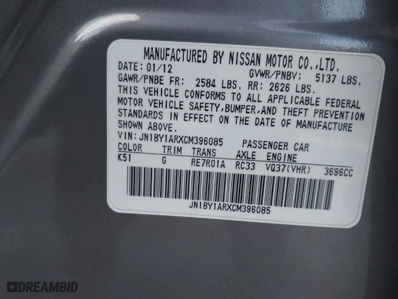 2012 Infiniti M37 with VIN JN1BY1ARXCM396085, listed as a IAAI auction lot 41443394 with 191,106 mi miles. Bid and sale history available at carsss.com. Image 9.