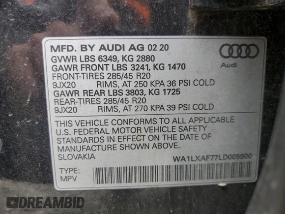 2020 Audi Q7 Premium Plus with VIN WA1LXAF77LD005500, listed as a Copart auction lot 81584564 with 85,503 mi miles and Salvage Title. Bid and sale history available at carsss.com. Image 14.