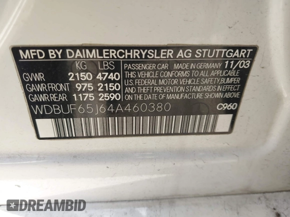 2004 Mercedes-Benz E 320 with VIN WDBUF65J64A460380, listed as a IAAI auction lot 41422186 with 253,440 mi miles and . Bid and sale history available at carsss.com. Image 9.