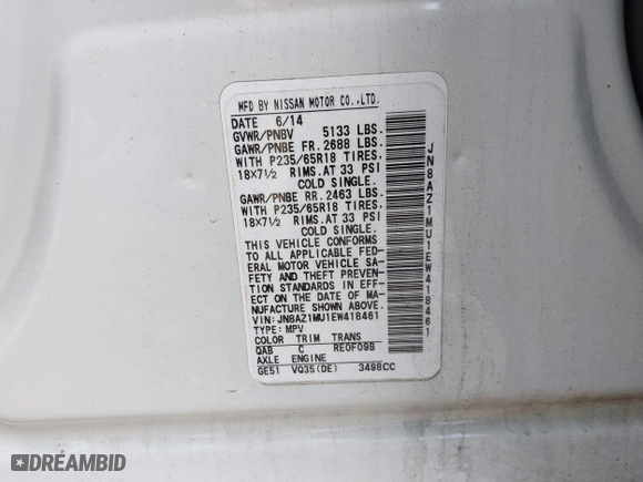 2014 Nissan Murano SL with VIN JN8AZ1MU1EW418461, listed as a IAAI auction lot 41690883 with 191,612 mi miles. Bid and sale history available at carsss.com. Image 9.