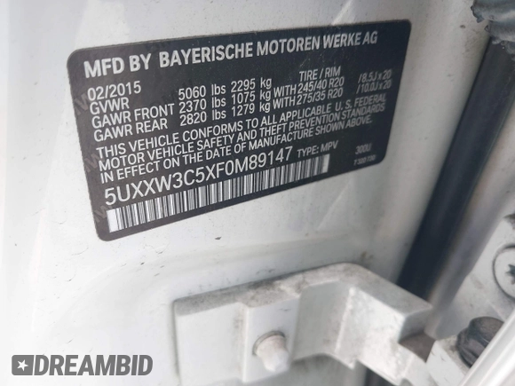 2015 BMW X4 xDrive28i with VIN 5UXXW3C5XF0M89147, listed as a IAAI auction lot 42779290 with 120,773 mi miles and . Bid and sale history available at DreamBid. Image 9.