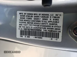 2013 Honda Civic EX with VIN 19XFB2F80DE056854, listed as a Copart auction lot 55434115 with Not Provided miles and Clean Title. Bid and sale history available at DreamBid. Image 12.
