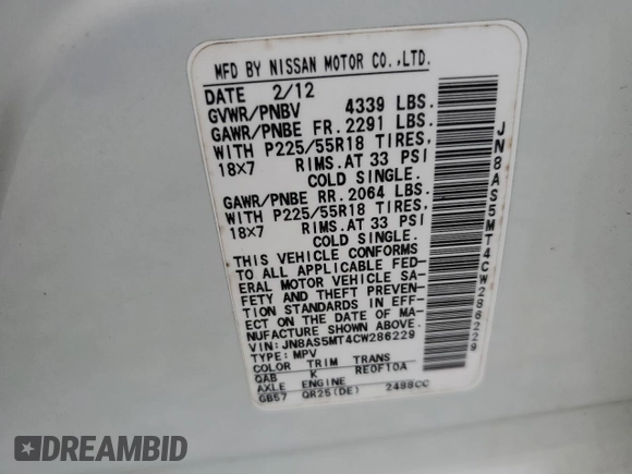 2012 Nissan Rogue S with VIN JN8AS5MT4CW286229, listed as a Copart auction lot 55455915 with 220,359 mi miles and Clean Title. Bid and sale history available at carsss.com. Image 13.