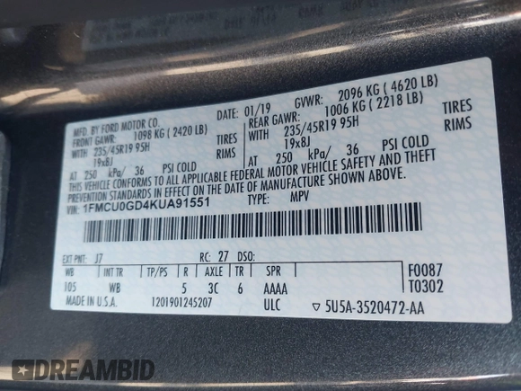 2019 Ford Escape SE z VIN 1FMCU0GD4KUA91551, wystawiony jako IAAI lot #41590151 z przebiegiem Nie podano mil oraz . Historia ofert i sprzedaży dostępna na DreamBid. Obrazek 9.