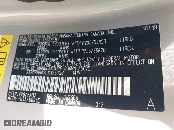 2020 Lexus RX 350 with VIN 2T2HZMAA2LC155128, listed as a IAAI auction lot 42022968 with 48,466 mi miles and . Bid and sale history available at DreamBid. Image 9.