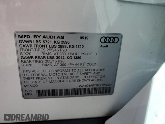 2019 Audi SQ5 Prestige with VIN WA1C4AFY6K2120827, listed as a Copart auction lot 52630964 with 17,684 mi miles and . Bid and sale history available at DreamBid. Image 12.