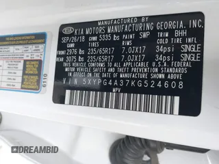 2019 Kia Sorento LX with VIN 5XYPG4A37KG524608, listed as a IAAI auction lot 41824210 with 103,228 mi miles. Bid and sale history available at carsss.com. Image 9.