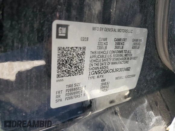 2018 Chevrolet Suburban LS with VIN 1GNSCGKC6JR303482, listed as a Copart auction lot 54703925 with 214,158 mi miles and Salvage title. Bid and sale history available at DreamBid. Image 13.