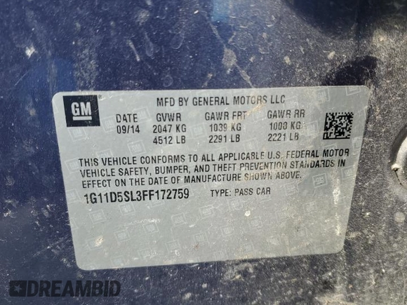2015 Chevrolet Malibu LT with VIN 1G11D5SL3FF172759, listed as a Copart auction lot 76616694 with Not Provided miles and Salvage Title. Bid and sale history available at DreamBid. Image 12.