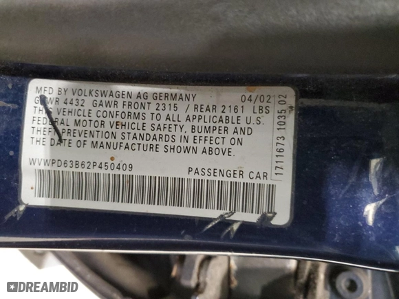 2002 Volkswagen Passat GLS with VIN WVWPD63B62P450409, listed as a Copart auction lot 82896644 with 193,936 mi miles and Non Repairable. Bid and sale history available at carsss.com. Image 12.