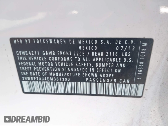 2013 Volkswagen Jetta SE with VIN 3VWDP7AJ4DM361390, listed as a IAAI auction lot 42683606 with 229,967 mi miles and . Bid and sale history available at DreamBid. Image 9.