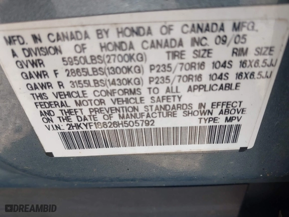 2006 Honda Pilot EX-L with RES with VIN 2HKYF18626H505792, listed as a IAAI auction lot 41861686 with 180,551 mi miles. Bid and sale history available at carsss.com. Image 9.