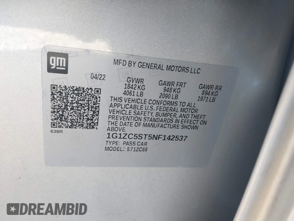 2022 Chevrolet Malibu LS with VIN 1G1ZC5ST5NF142537, listed as a IAAI auction lot 41257097 with 39,256 mi miles and . Bid and sale history available at DreamBid. Image 9.