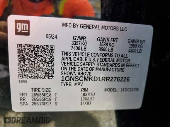 2024 Chevrolet Tahoe LS with VIN 1GNSCMKD1RR276226, listed as a Copart auction lot 62785025 with 13,158 mi miles and Salvage title. Bid and sale history available at DreamBid. Image 13.
