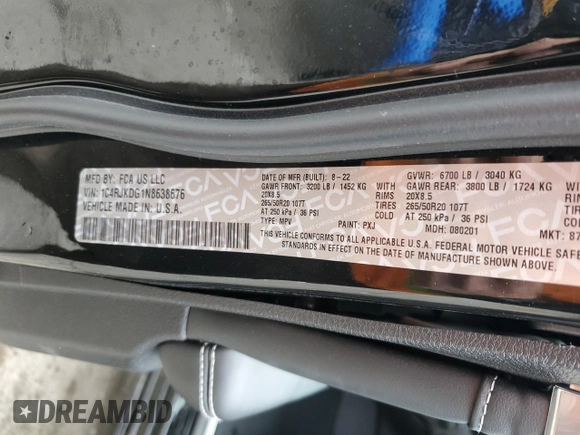 2022 Jeep Grand Cherokee Overland with VIN 1C4RJKDG1N8638676, listed as a Copart auction lot 82389224 with 22,451 mi miles and Salvage title. Bid and sale history available at DreamBid. Image 15.