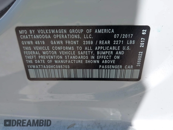 2017 Volkswagen Passat S with VIN 1VWAT7A30HC085703, listed as a IAAI auction lot 42624951 with 151,002 mi miles and . Bid and sale history available at DreamBid. Image 9.