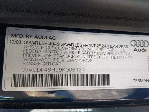2009 Audi A4 2.0T with VIN WAUDF48H99K006167, listed as a IAAI auction lot 42488819 with 127,686 mi miles and . Bid and sale history available at DreamBid. Image 9.