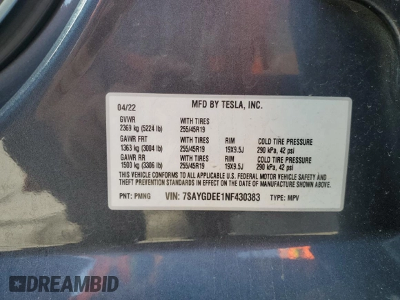 2022 Tesla Model Y Long Range z VIN 7SAYGDEE1NF430383, wystawiony jako Copart lot #56208825 z przebiegiem 60 612 mil mil oraz Szkoda całkowita • Salvage title. Historia ofert i sprzedaży dostępna na DreamBid. Obrazek 12.