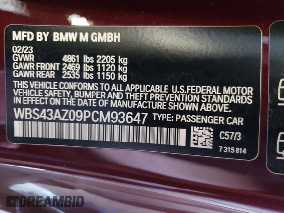 2023 BMW M4 Competition xDrive with VIN WBS43AZ09PCM93647, listed as a Copart auction lot 63674293 with 0 mi miles. Bid and sale history available at carsss.com. Image 12.