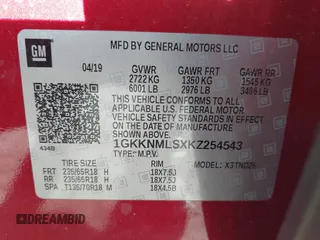 2019 GMC Acadia SLT with VIN 1GKKNMLSXKZ254543, listed as a IAAI auction lot 42484242 with 60,092 mi miles and . Bid and sale history available at DreamBid. Image 9.