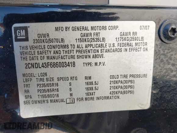 2008 Chevrolet Equinox LT with VIN 2CNDL43F686003418, listed as a IAAI auction lot 41647537 with 147,701 mi miles. Bid and sale history available at carsss.com. Image 9.