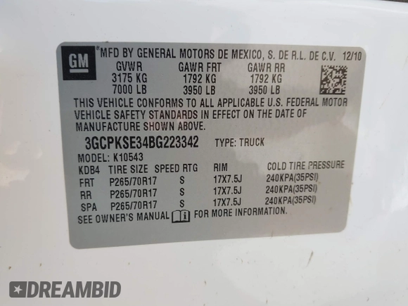 2011 Chevrolet Silverado 1500 LT with VIN 3GCPKSE34BG223342, listed as a IAAI auction lot 41808691 with 222,428 mi miles and . Bid and sale history available at DreamBid. Image 9.