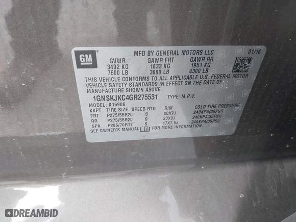 2016 Chevrolet Suburban LTZ with VIN 1GNSKJKC4GR275531, listed as a IAAI auction lot 41288249 with NaN miles. Bid and sale history available at carsss.com. Image 9.