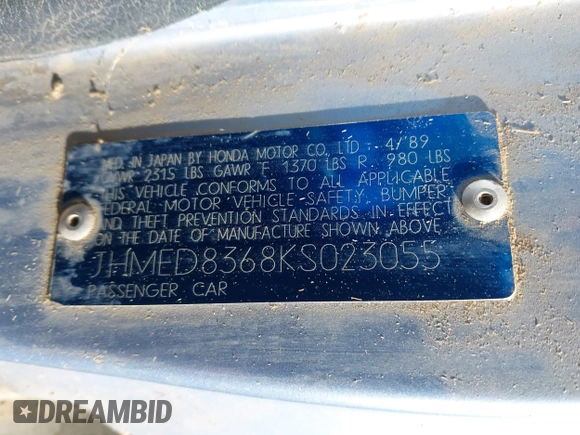 1989 Honda Civic z VIN JHMED8368KS023055, wystawiony jako IAAI lot #42017265 z przebiegiem 191 370 mil mil oraz . Historia ofert i sprzedaży dostępna na DreamBid. Obrazek 9.