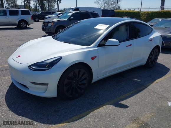 2022 Tesla Model 3 Performance with VIN 5YJ3E1EC2NF176127, listed as a IAAI auction lot 41807613 with 79,435 mi miles. Bid and sale history available at carsss.com. Image 2.
