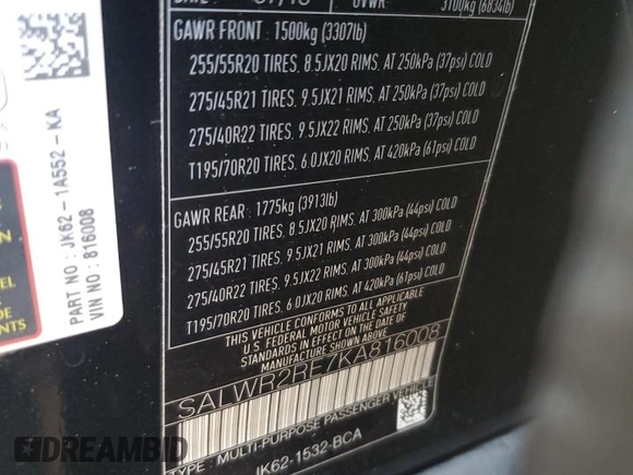 2019 Land Rover Range Rover Sport Dynamic with VIN SALWR2RE7KA816008, listed as a Copart auction lot 77242034 with 0 mi miles and Salvage Title. Bid and sale history available at carsss.com. Image 16.