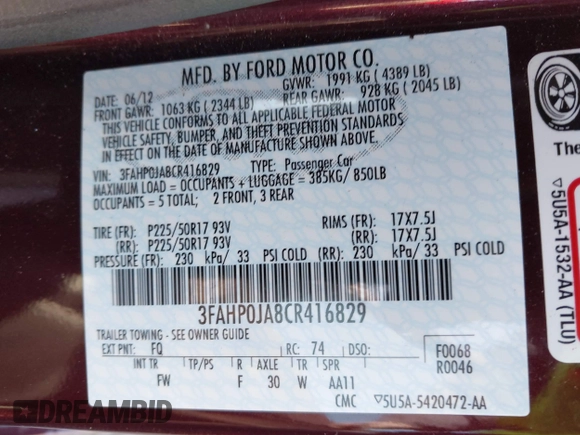 2012 Ford Fusion SEL with VIN 3FAHP0JA8CR416829, listed as a IAAI auction lot 41856983 with 57,965 mi miles and . Bid and sale history available at DreamBid. Image 9.