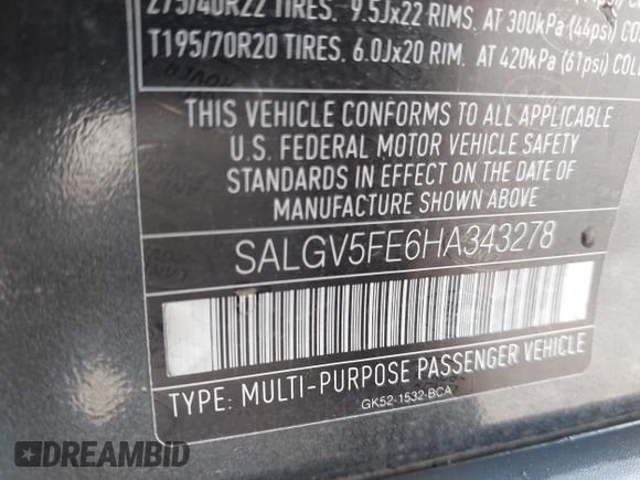2017 Land Rover Range Rover с VIN SALGV5FE6HA343278, выставлен на аукционе IAAI как лот 42542218 с пробегом 82 599 миль миль и . История ставок и продаж доступна на DreamBid. Изображение 9.