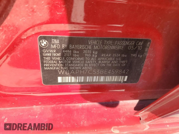 2011 BMW 3 Series 328i with VIN WBAPH7C53BE459842, listed as a Copart auction lot 47870975 with Not Provided miles and Clean Title. Bid and sale history available at DreamBid. Image 12.