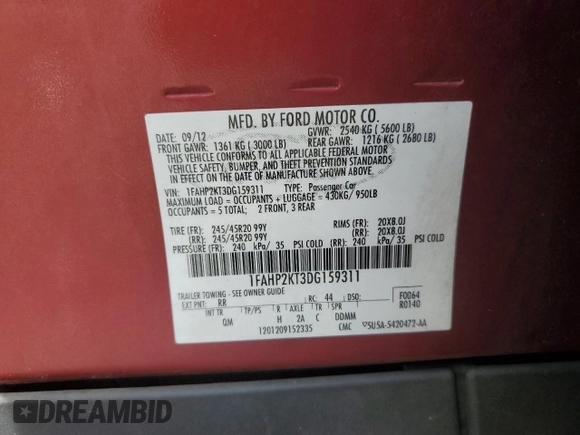 2013 Ford Taurus SHO с VIN 1FAHP2KT3DG159311, выставлен на аукционе Copart как лот 44951895 с пробегом 223 545 миль миль и Списание • Salvage title. История ставок и продаж доступна на DreamBid. Изображение 12.