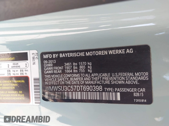 2013 MINI Hardtop with VIN WMWSU3C57DT690398, listed as a IAAI auction lot 41989221 with 112,954 mi miles and . Bid and sale history available at DreamBid. Image 9.