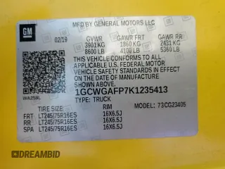 2019 Chevrolet Express Cargo with VIN 1GCWGAFP7K1235413, listed as a Copart auction lot 73735724 with Not provided miles and Salvage title. Bid and sale history available at DreamBid. Image 13.