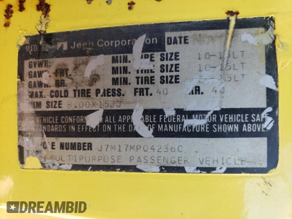 1977 Jeep Grand Cherokee with VIN J7M17MP042360, listed as a Copart auction lot 85704414 with 91,800 mi miles and Clean title. Bid and sale history available at DreamBid. Image 13.