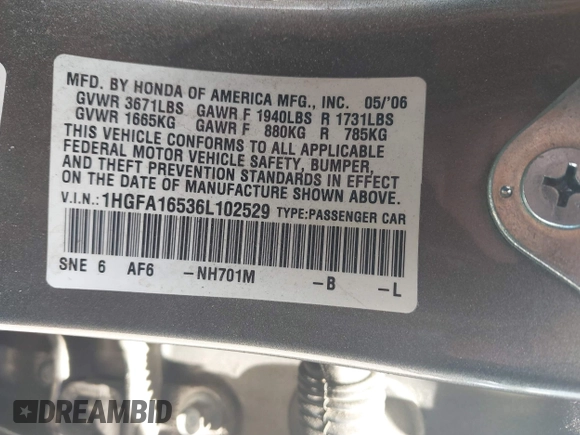2006 Honda Civic LX with VIN 1HGFA16536L102529, listed as a IAAI auction lot 42560525 with 69,698 mi miles and . Bid and sale history available at DreamBid. Image 9.